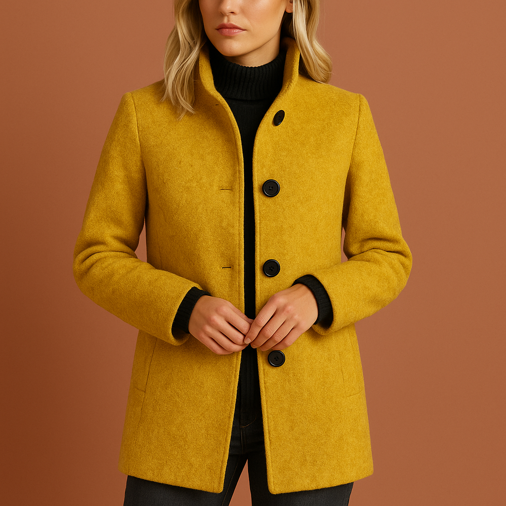 Dames manteljas in geel met knoopsluiting en rechte pasvorm, warm en stijlvol voor herfst en winter.