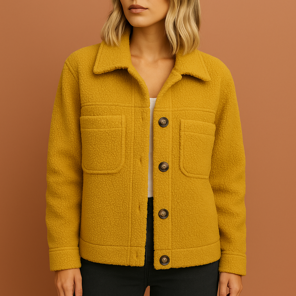Dames teddy jas in geel met ritssluiting, vrolijk en comfortabel voor koude dagen.