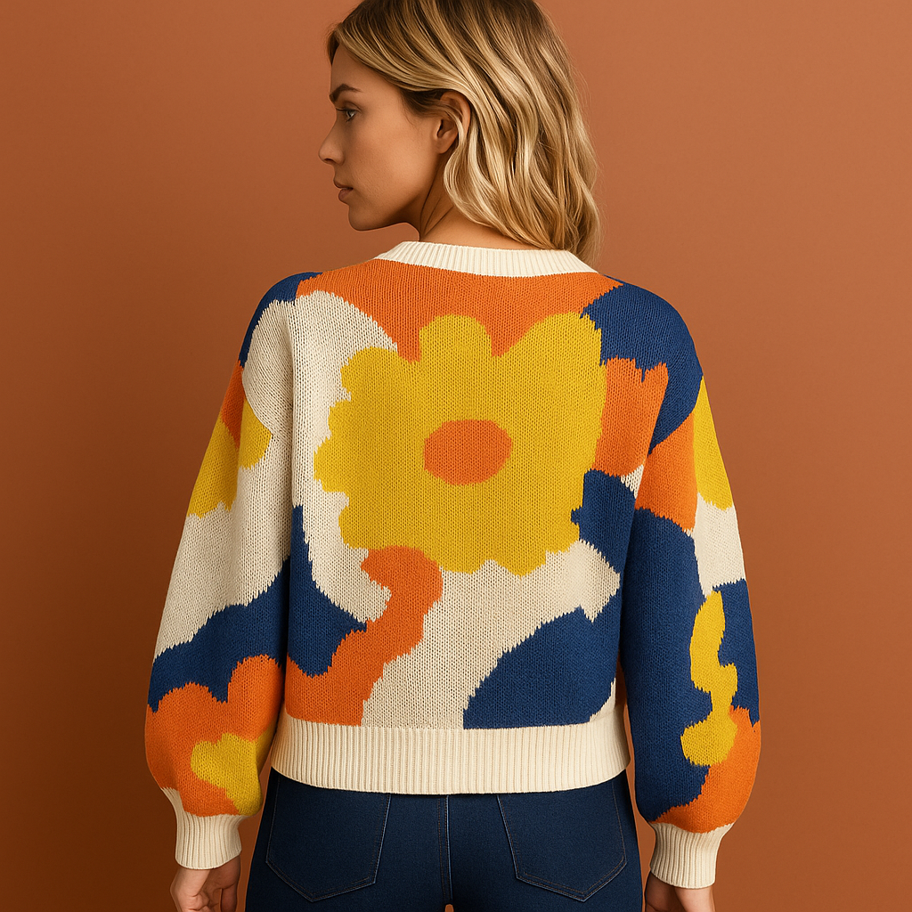 Gele damestrui met gebreid bloemenmotief, comfortabel en stijlvol voor casual en elegante outfits.