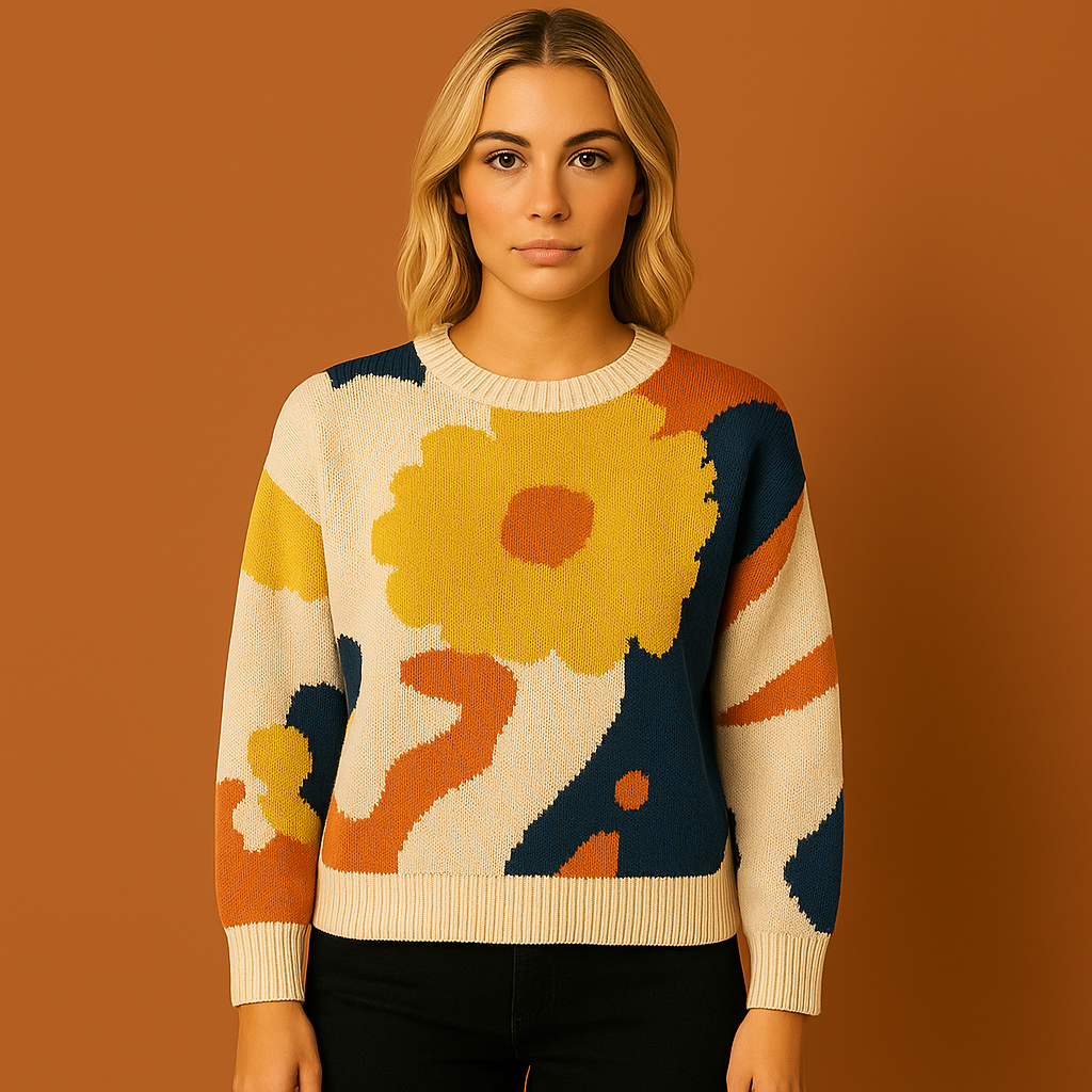 Gele damestrui met gebreid bloemenmotief, comfortabel en stijlvol voor casual en elegante outfits.