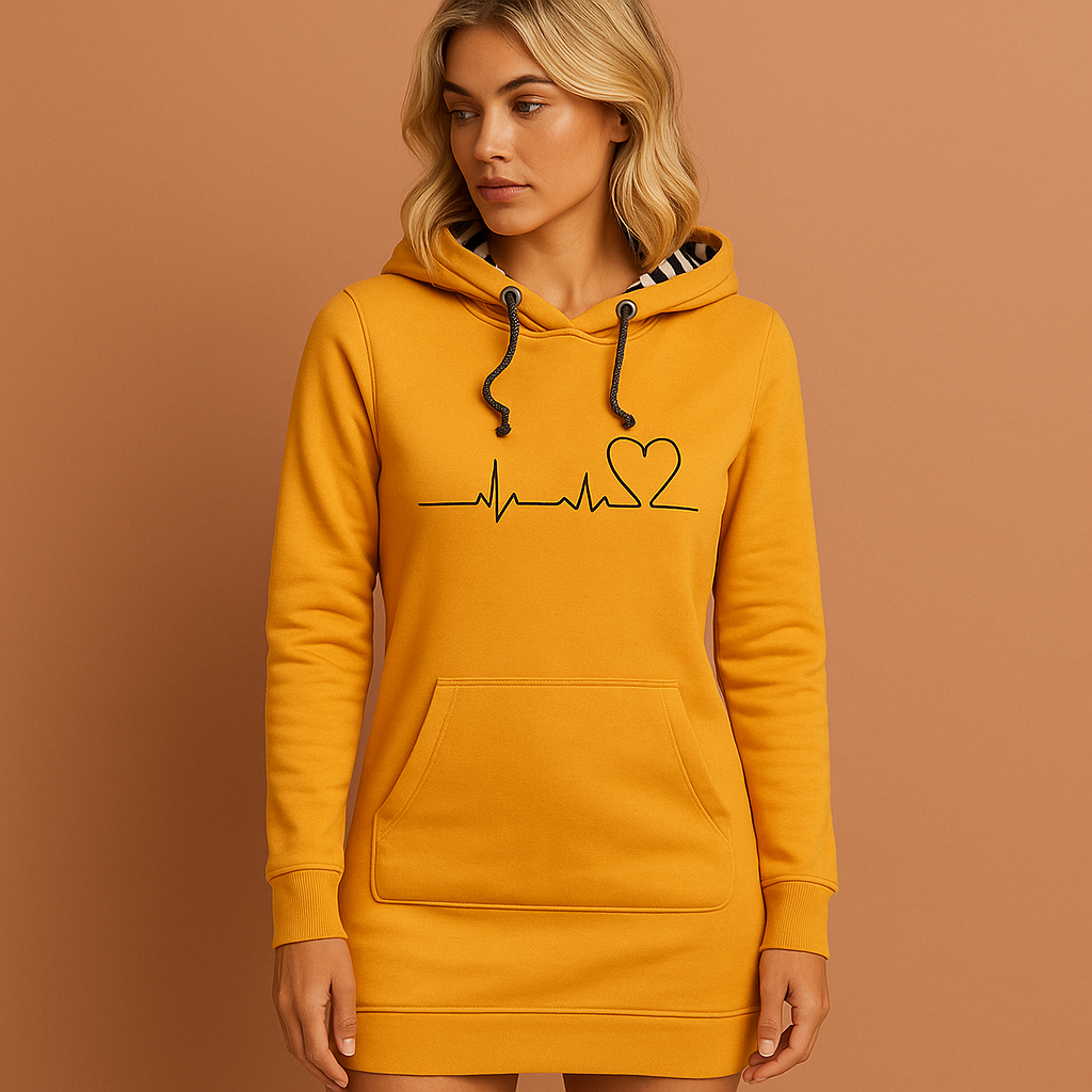 Gele hoodie-jurk voor dames met vrolijke hondenprint, comfortabel en warm voor casual winterdagen.