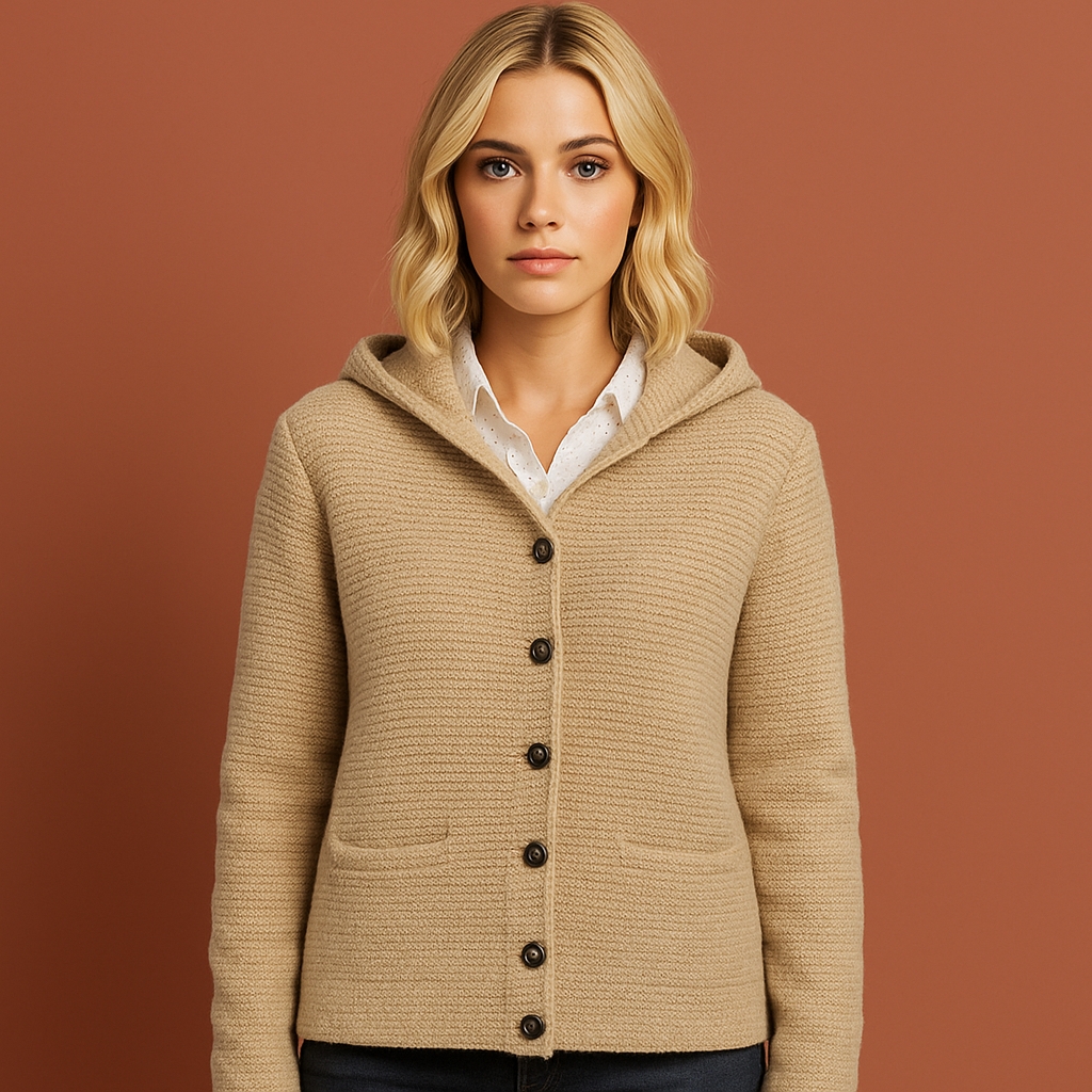 Gele lange gebreide dames jas met capuchon, warm en comfortabel voor koude dagen en casual outfits.