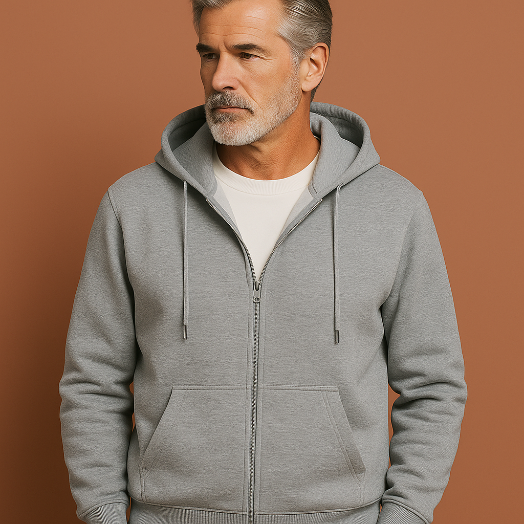 Grijs comfortabel heren vest met volledige rits en capuchon, ideaal voor frisse herfstdagen en casual outfits.