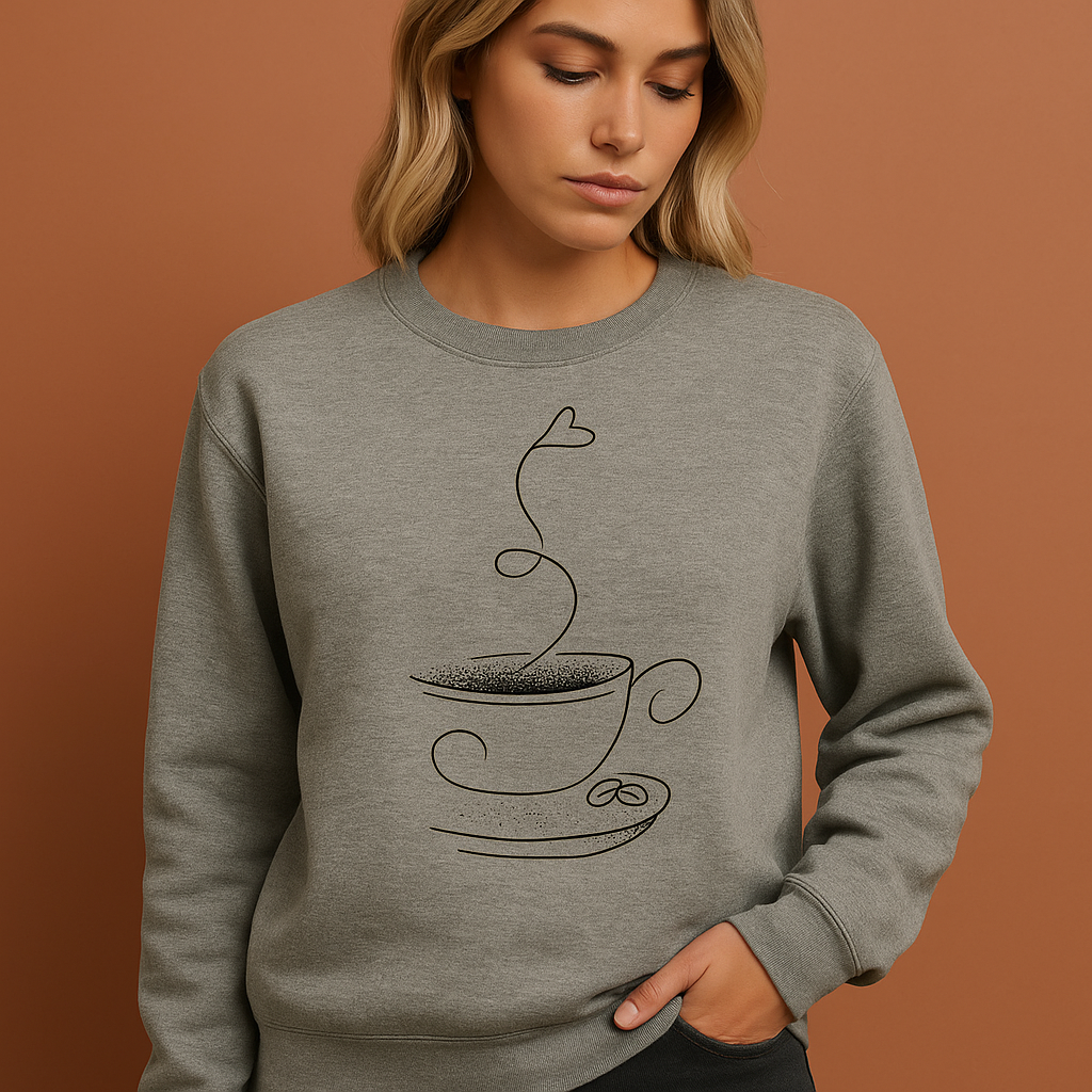 Grijs grafisch koffie-sweatshirt voor dames met ontspannen pasvorm, ideaal voor casual outfits en dagelijkse momenten.