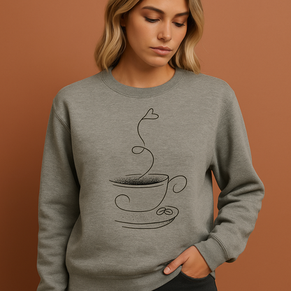 Grijs grafisch koffie-sweatshirt voor dames met ontspannen pasvorm, ideaal voor casual outfits en dagelijkse momenten.