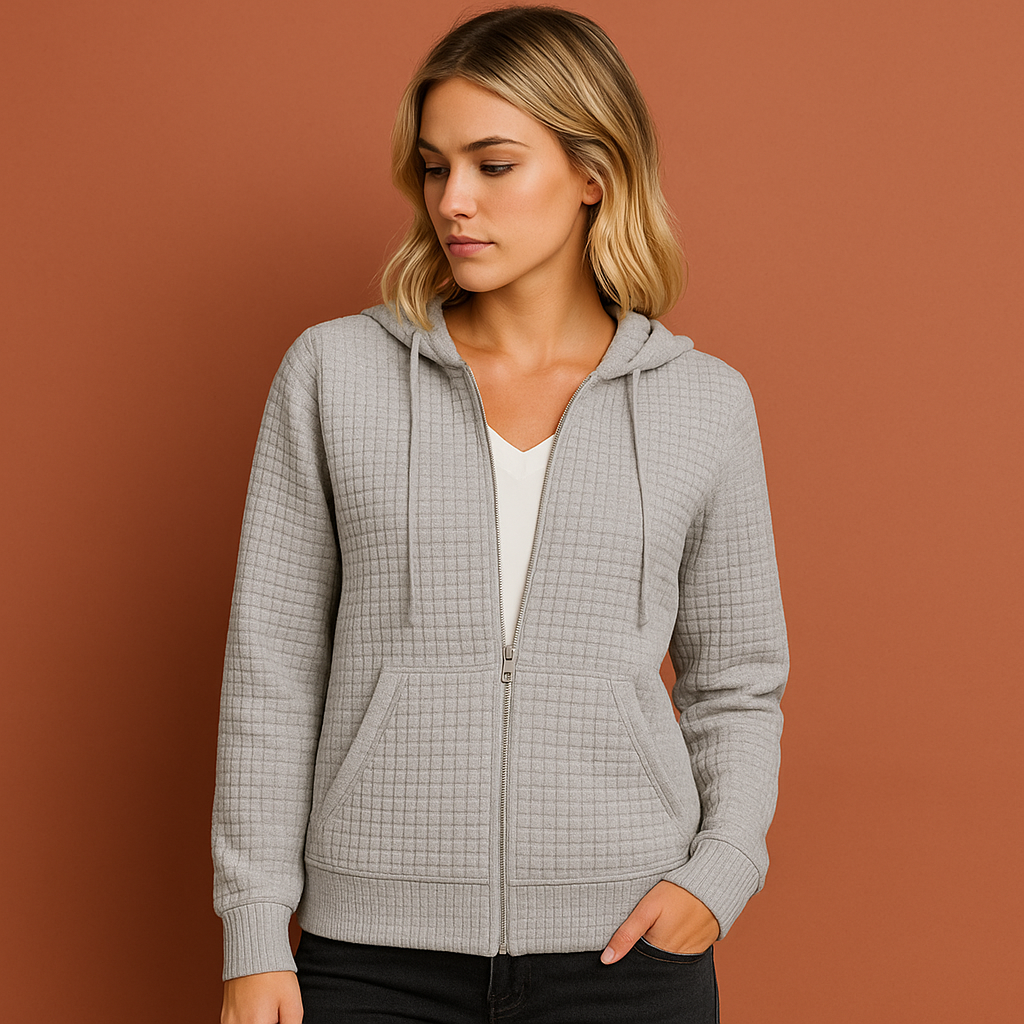 Grijs dames sweatshirt met capuchon en ritssluiting, ideaal voor dagelijks comfort en casual outfits.