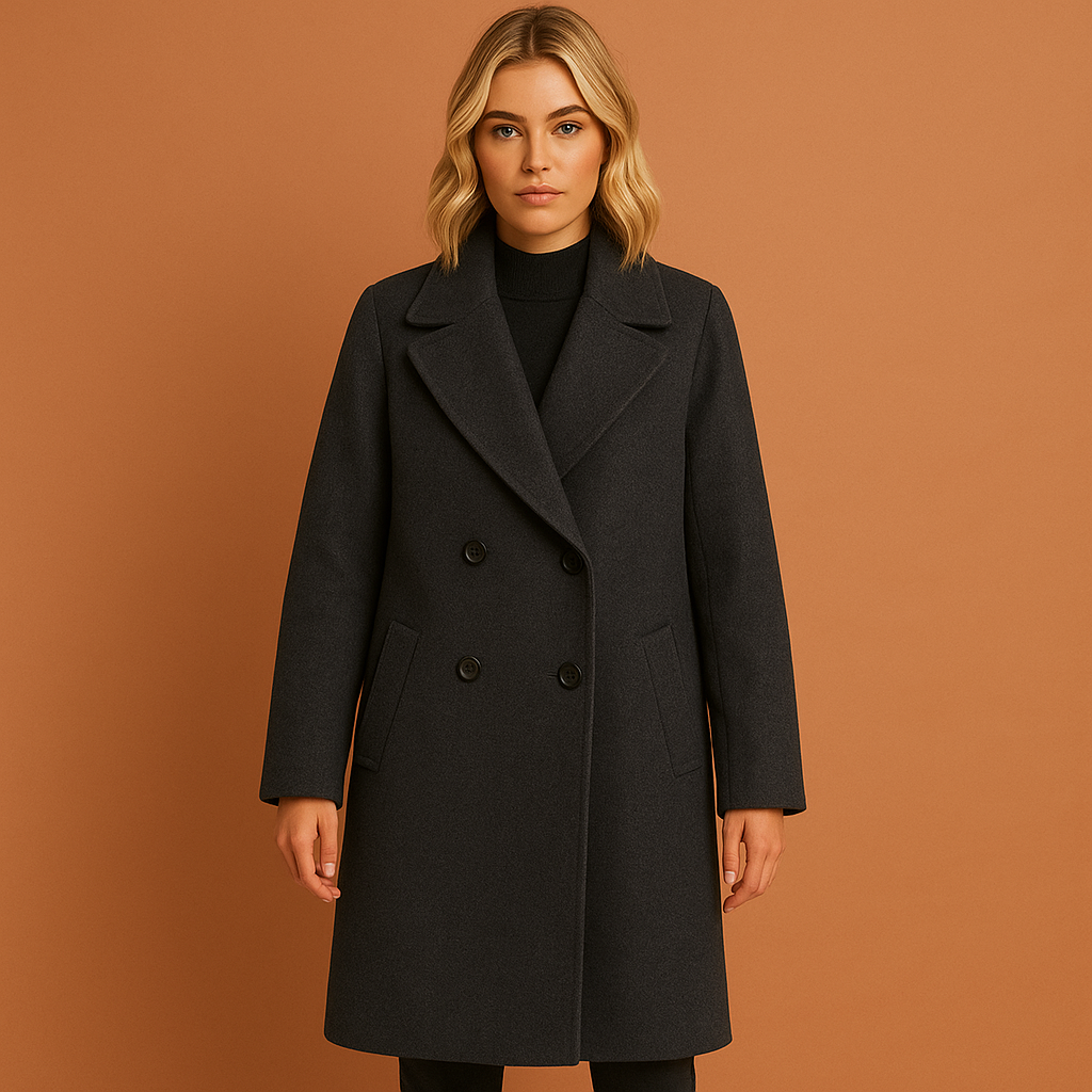 Lange damesjas in donkergrijs met dubbele knopen en omvouwkraag, stijlvol en comfortabel voor herfst en winter.