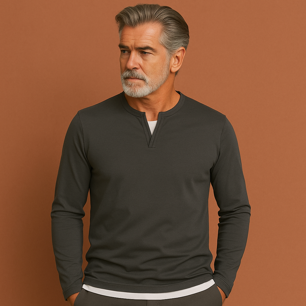 Grijze casual longsleeve met V-hals voor heren met moderne pasvorm, ideaal voor dagelijkse outfits.
