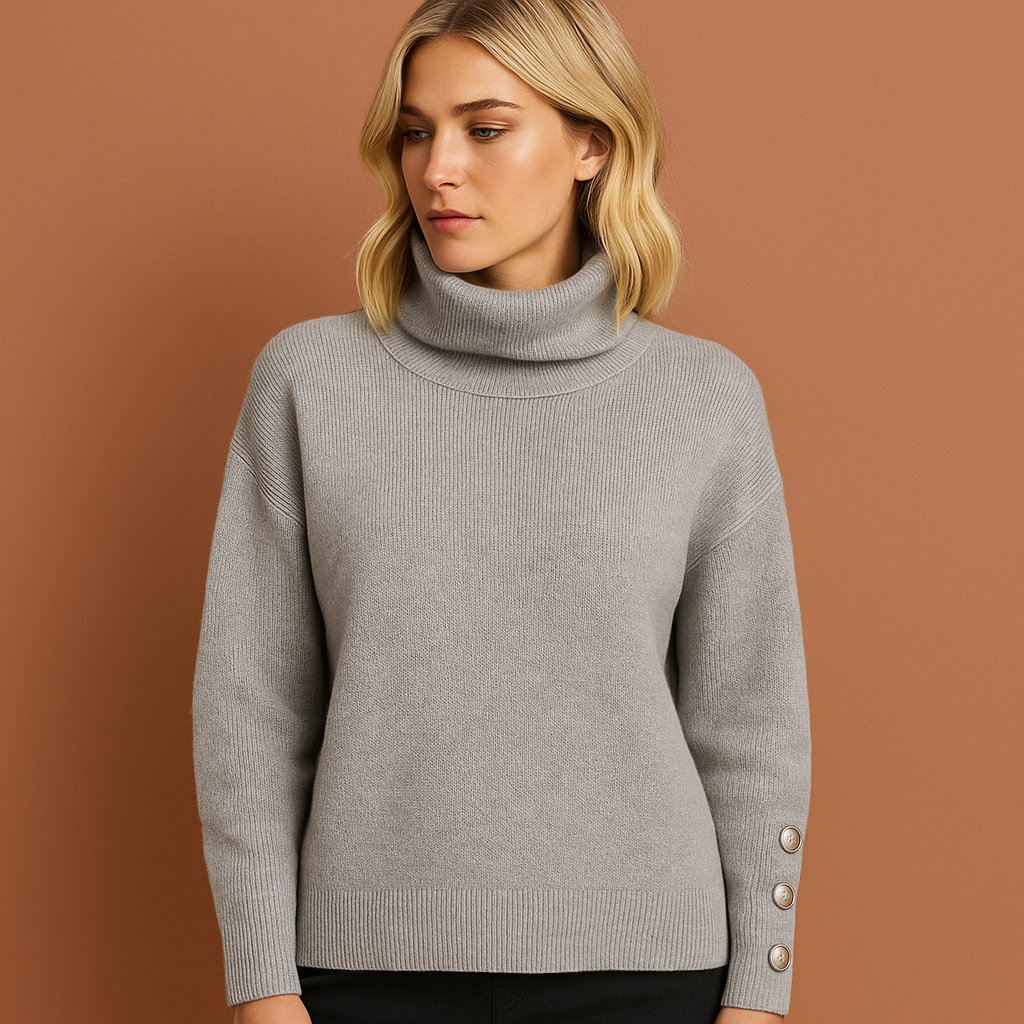 Grijze elegante dames coltrui met moderne pasvorm en hoge kraag, ideaal voor herfst en winter.