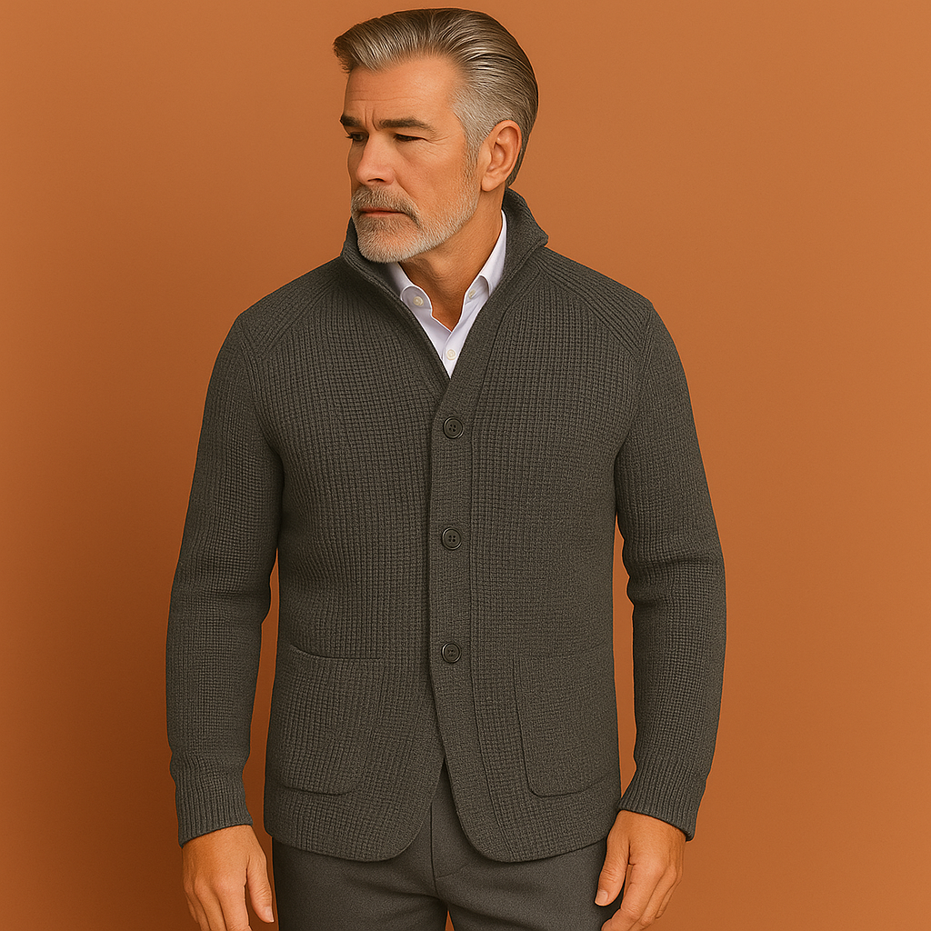Grijze heren blazer met gebreide structuur en moderne regular fit, perfect voor casual of formele outfits.