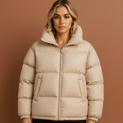 Grijze dames winterjas met gewatteerd design en elegante pasvorm, perfect voor koude dagen en stijlvolle winterlooks.