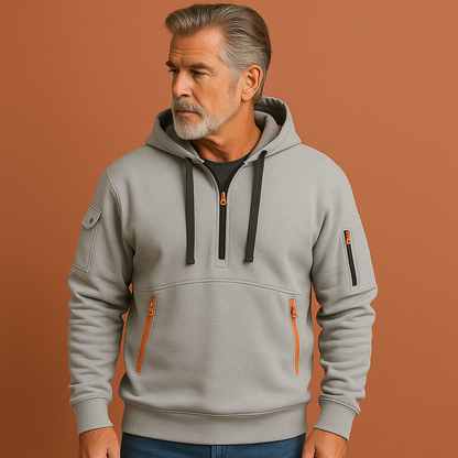 Heren hoodie in grijs met meerdere zakken, zacht en comfortabel voor casual en sportieve outfits.