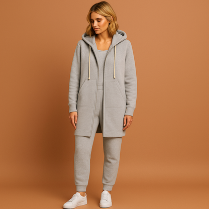 Grijze knielange zip-up hoodie voor dames met comfortabele pasvorm, ideaal voor casual outfits en koude dagen.