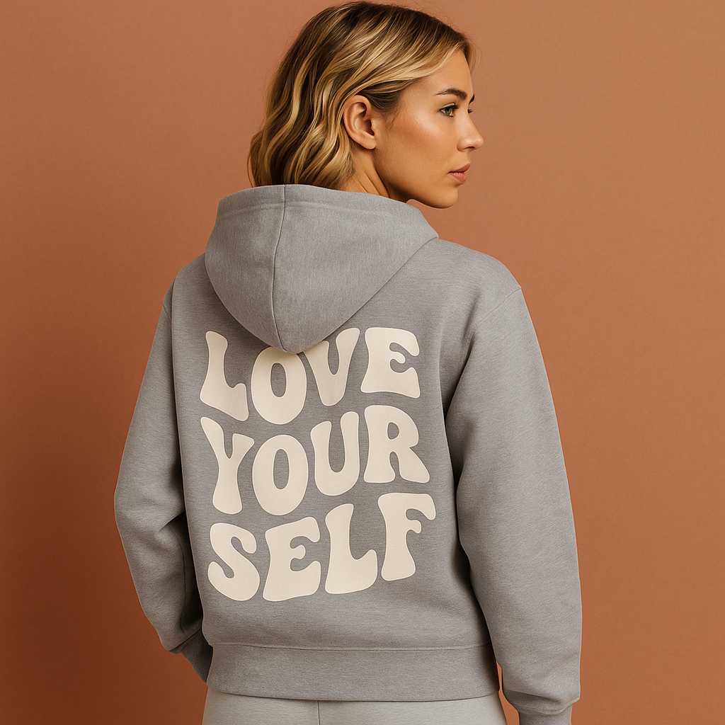 Grijze winter hoodie voor dames met streetwear statement design, ideaal voor koude dagen en casual outfits.