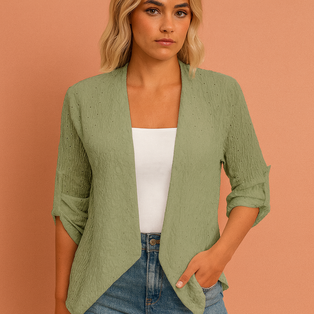 Dames gehaakt vest in groen met open voorkant, luchtig en comfortabel voor casual en stijlvolle outfits.