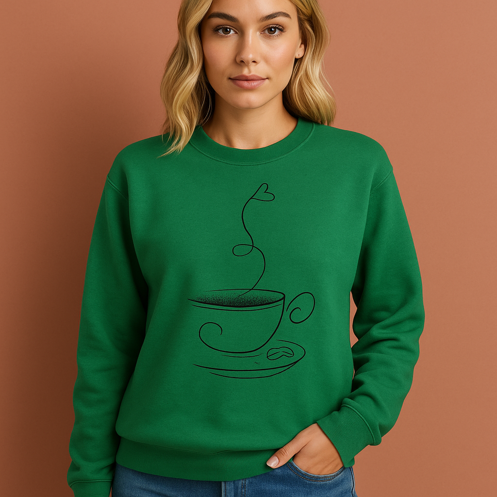 Groen grafisch koffie-sweatshirt voor dames met ontspannen pasvorm, ideaal voor casual outfits en dagelijkse momenten.