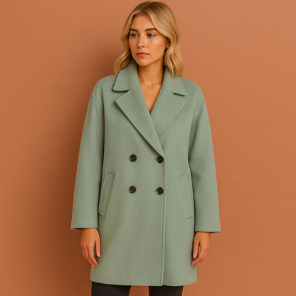 Lange damesjas in groen met dubbele knopen en omvouwkraag, stijlvol en comfortabel voor herfst en winter.