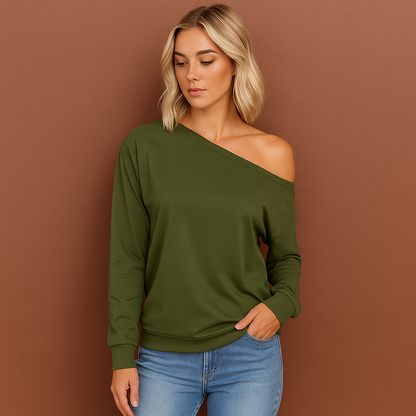 Dames off-shoulder trui in groen met losse pasvorm, zacht en comfortabel voor casual en stijlvolle outfits.