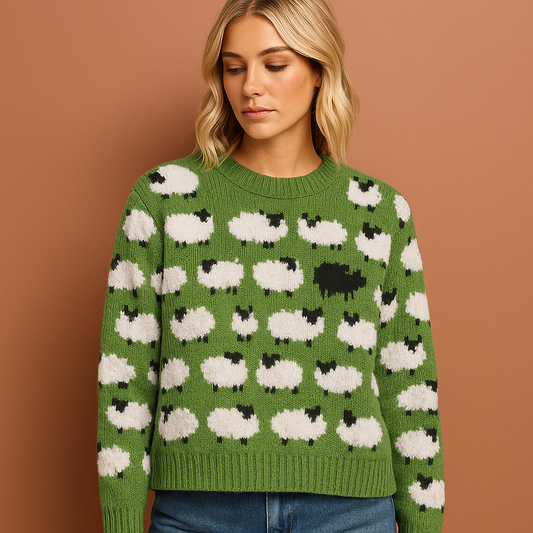 Dames retro gebreide trui in groen met speels schapenpatroon, warm en comfortabel voor casual en stijlvolle outfits.