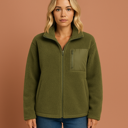 Dames teddy fleece jas in groen met rits, zacht en comfortabel voor koude herfst- en winterdagen.