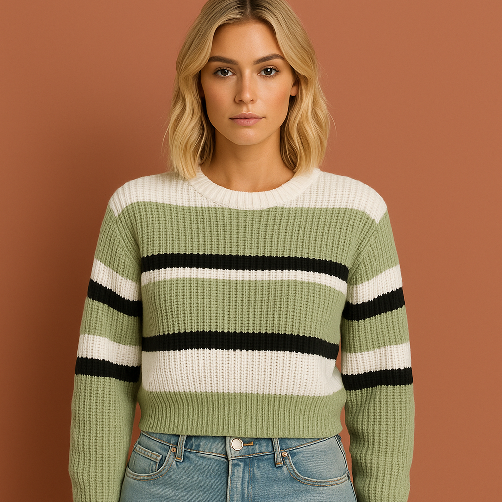 Groene gestreepte damestrui met comfortabele pasvorm, ideaal voor casual outfits en herfstlooks.