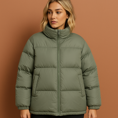 Groene dames winterjas met gewatteerd design en elegante pasvorm, perfect voor koude dagen en stijlvolle winterlooks.