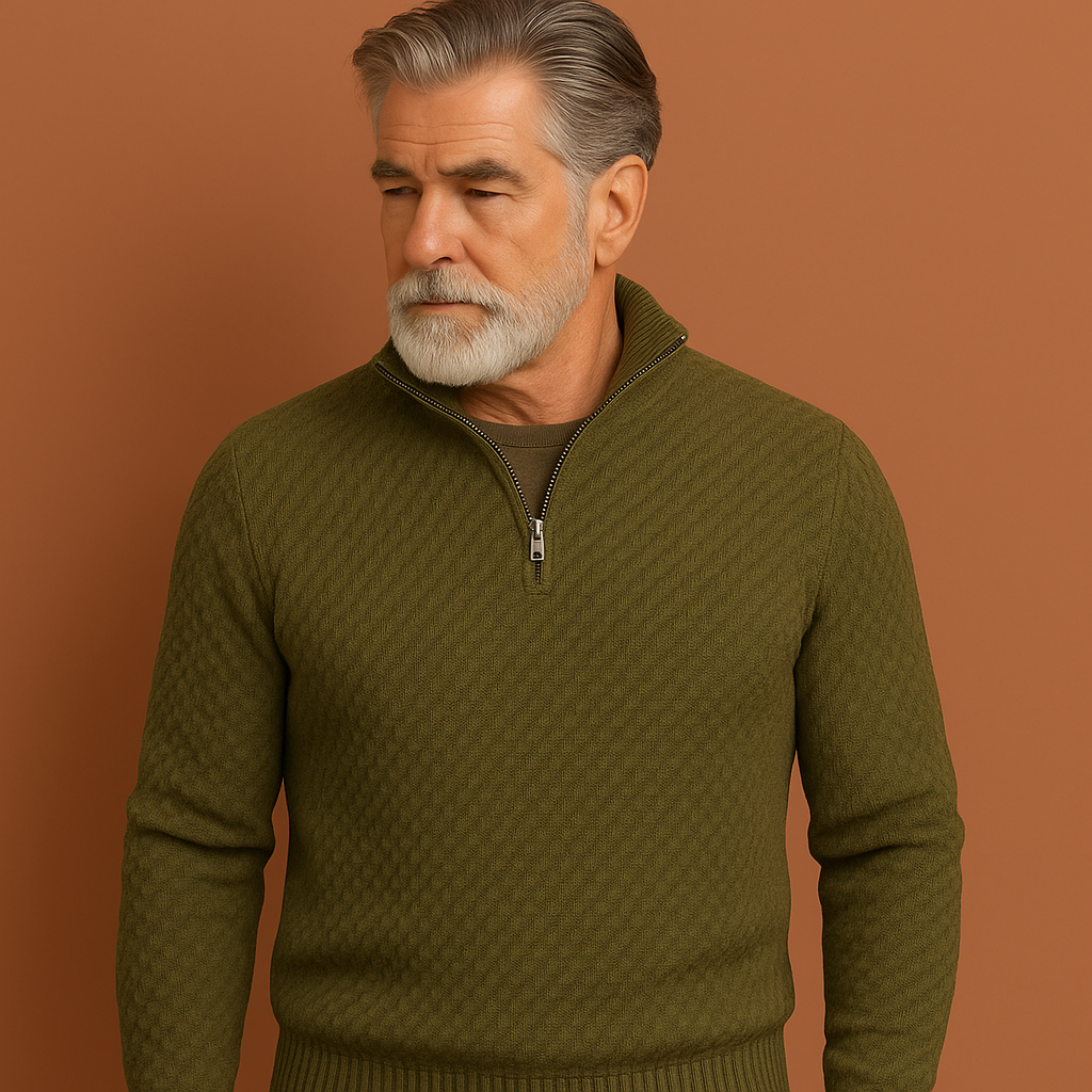 Groene half zip gebreide heren trui met moderne pasvorm, ideaal voor casual outfits en koude dagen.