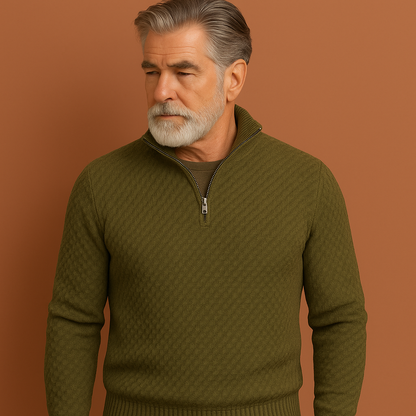 Groene half zip gebreide heren trui met moderne pasvorm, ideaal voor casual outfits en koude dagen.