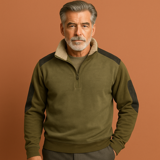 Heren vintage trui in groen met halve rits en contrasterende details, comfortabel en stijlvol voor casual outfits.