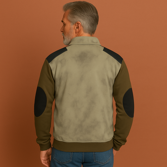 Heren vintage trui in groen met halve rits en contrasterende details, comfortabel en stijlvol voor casual outfits.