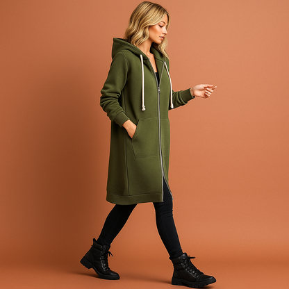 Groene knielange zip-up hoodie voor dames met comfortabele pasvorm, ideaal voor casual outfits en koude dagen.