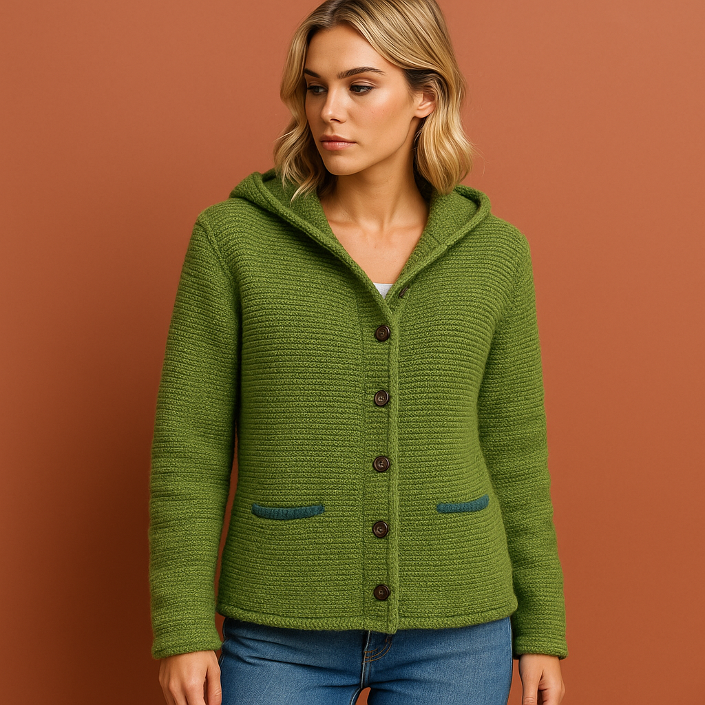 Groene lange gebreide dames jas met capuchon, warm en comfortabel voor koude dagen en casual outfits.