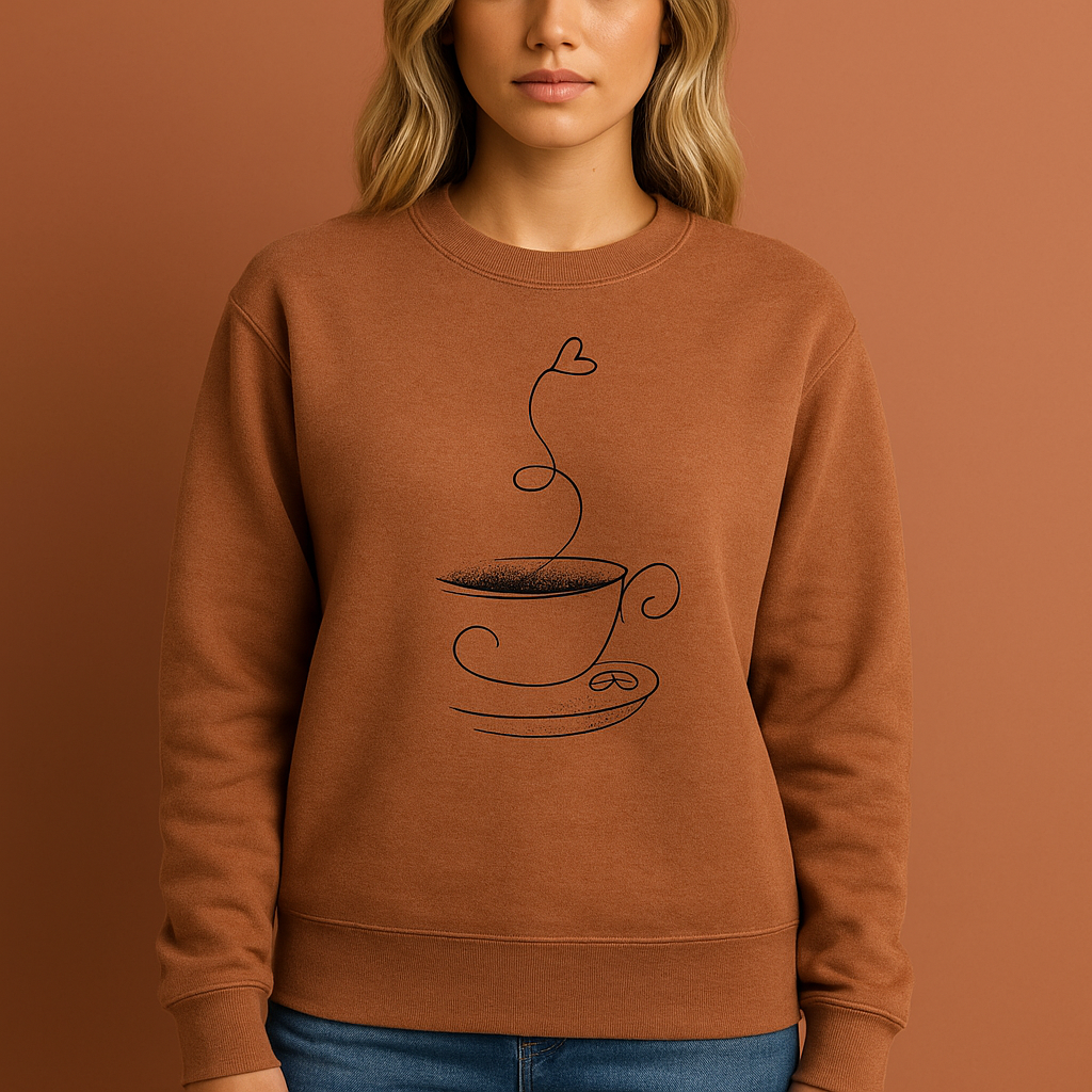 Hellbraun grafisch koffie-sweatshirt voor dames met ontspannen pasvorm, ideaal voor casual outfits en dagelijkse momenten.