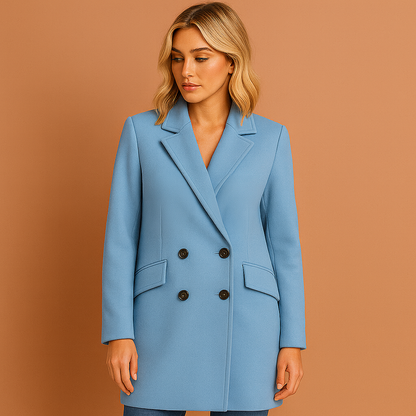 Lange damesjas in hemelsblauw met dubbele knopen en omvouwkraag, stijlvol en comfortabel voor herfst en winter.