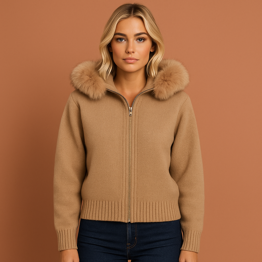 Lang damesvest in kamelkleur met capuchon en imitatiebont, zacht en comfortabel voor casual en stijlvolle winteroutfits.