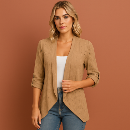 Dames gehaakt vest in khaki met open voorkant, luchtig en comfortabel voor casual en stijlvolle outfits.