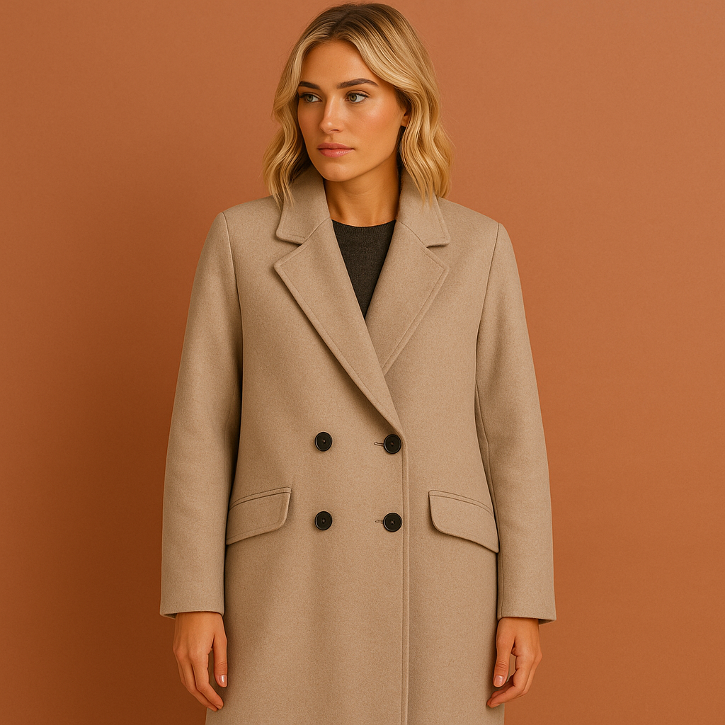 Lange damesjas in khaki met dubbele knopen en omvouwkraag, stijlvol en comfortabel voor herfst en winter.