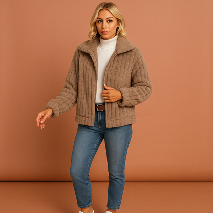 Dames lang fleece vest in khaki met kraag, zacht en comfortabel voor casual en stijlvolle outfits.