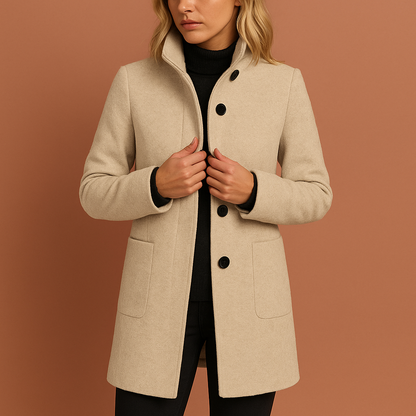 Dames manteljas in khaki met knoopsluiting en rechte pasvorm, warm en stijlvol voor herfst en winter.