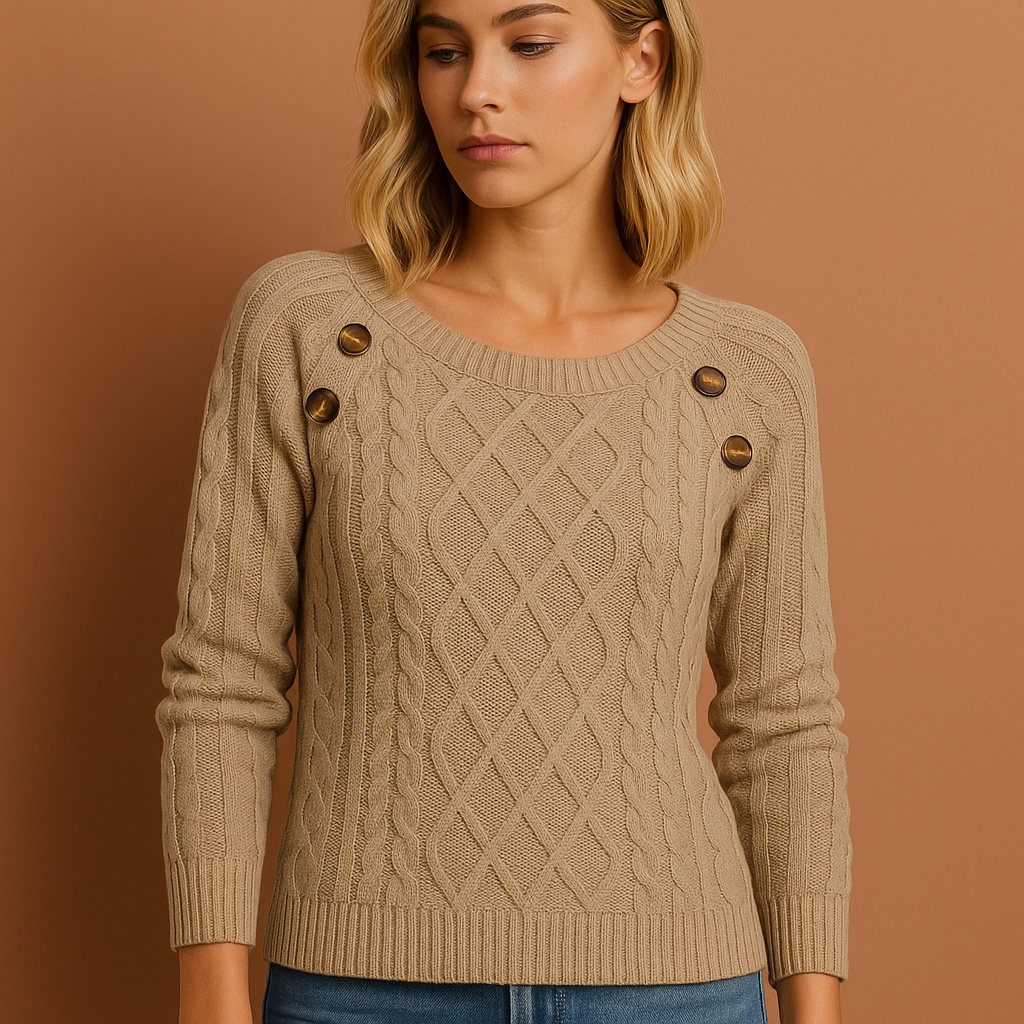 Dames sweater in kaki met zachte textuur, comfortabel en warm voor herfst en winter.