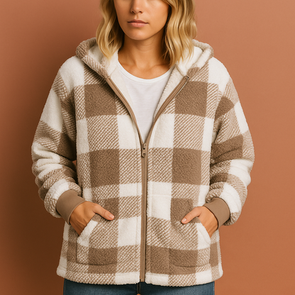 Fleece vest met ruitpatroon voor dames in khaki kleur, ideaal voor koude dagen en casual outfits.