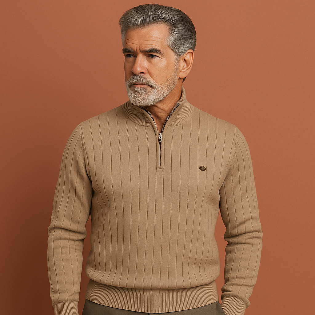 Khaki gebreide zip-up trui voor heren met warm ontwerp en klassiek model, ideaal voor koude dagen en casual outfits.