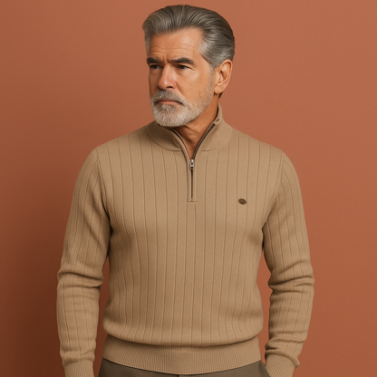 Khaki gebreide zip-up trui voor heren met warm ontwerp en klassiek model, ideaal voor koude dagen en casual outfits.