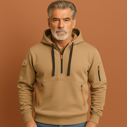 Heren hoodie in khaki met meerdere zakken, zacht en comfortabel voor casual en sportieve outfits.