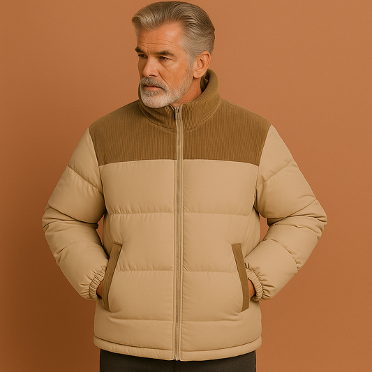 Heren pufferjas in khaki met corduroy detail, warm en comfortabel voor stijlvolle winteroutfits.