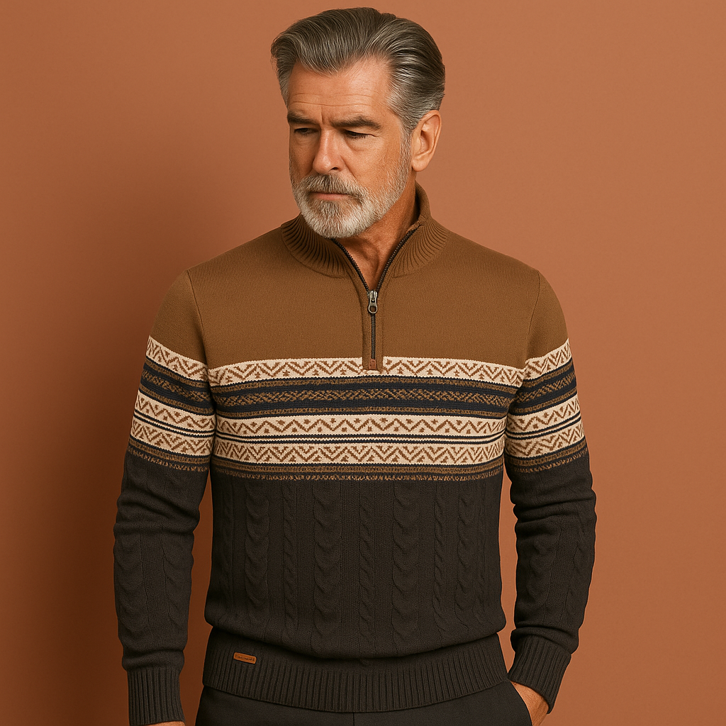 Heren trui in khaki met Noors patroon en ritssluiting, warm en comfortabel voor casual winterlooks.