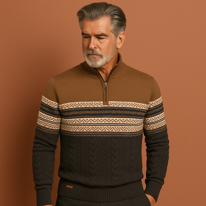 Heren trui in khaki met Noors patroon en ritssluiting, warm en comfortabel voor casual winterlooks.