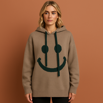 Warme hoodie met smiley voor dames in khaki met relaxed design en comfortabele pasvorm voor casual outfits.