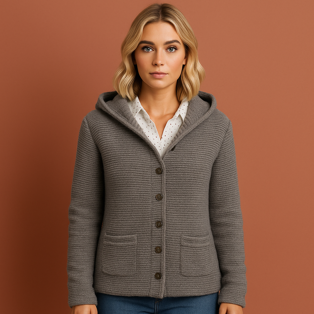 Khaki lange gebreide dames jas met capuchon, warm en comfortabel voor koude dagen en casual outfits.