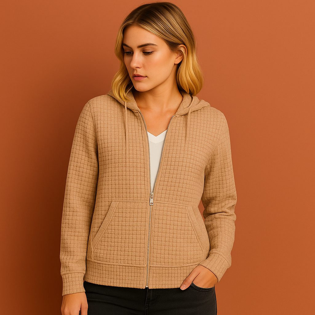 Khaki dames sweatshirt met capuchon en ritssluiting, ideaal voor dagelijks comfort en casual outfits.